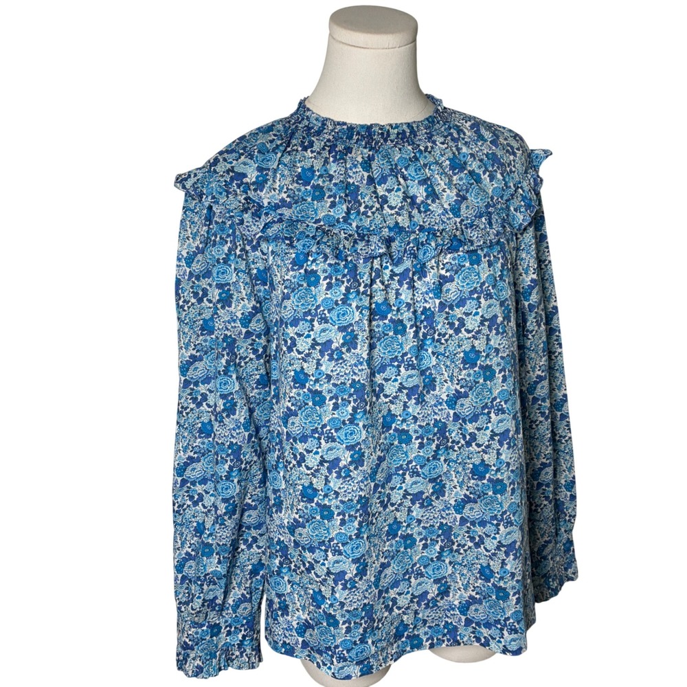 J Crew Liberty Blue Floral Cotton Smocked Ruffle Yoke Blouse M